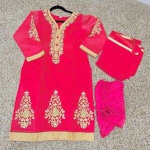 3 piece embroidered Indian kurta set chanderi cotton silk blend pink and gold